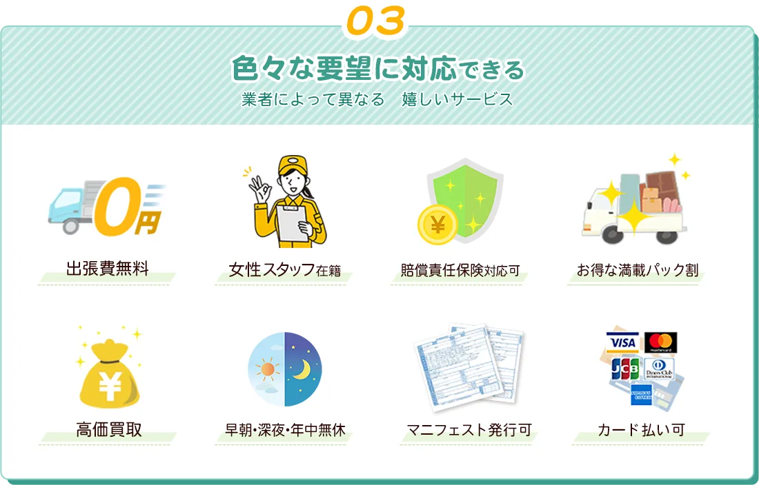 色々な要望に対応できる、業者によって異なる、嬉しいサービス「出張費無料」「女性スタッフ在籍」「賠償責任保険対応可」「お得な満載パップ割」「高価買取」「早朝・深夜・年中無休」「マニフェスト発行可」「カード払い可」