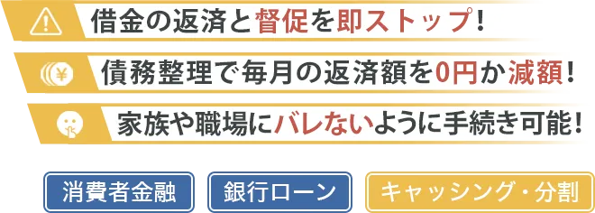 借金の返済と督促を即ストップ！債務整理で毎月の返済額を０円か減額！家族や職場にバレないように手続き可能！消費者金融、銀行ローン、キャッシング・分割